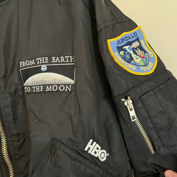 Vtg Swingster Mens Black Satin Bomber Jacket XL Moon HBO Apollo Patches Zipped - Picture 6 of 10